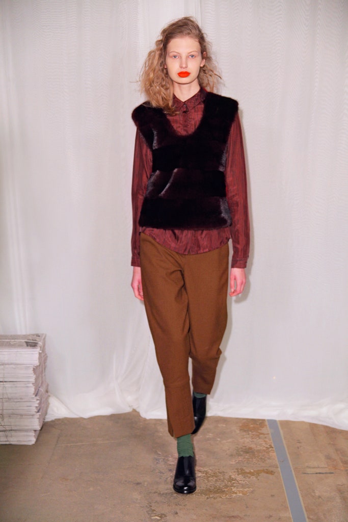 red silk long-sleeve collared relaxed blouse