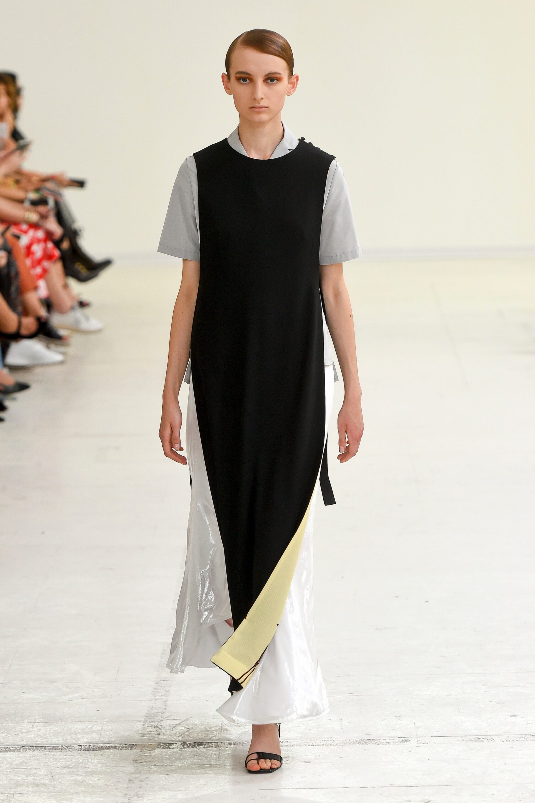 black and white asymmetric midi dress with gray shirt