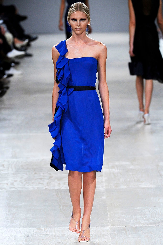 blue strapless ruffled dress
