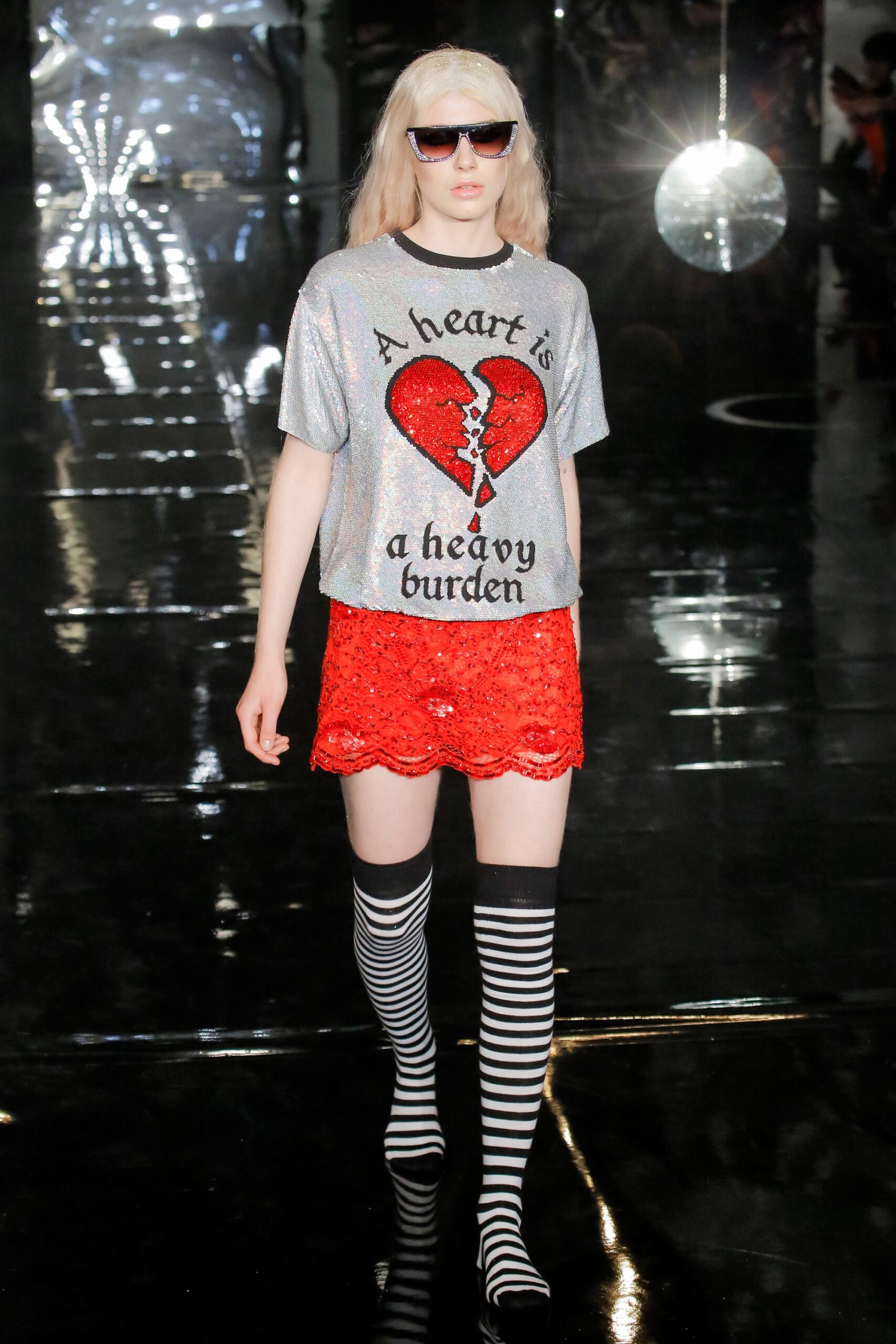 silver sequin top with red mini skirt