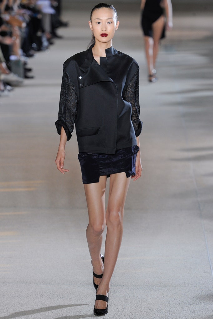 black silk fitted jacket and mini skirt