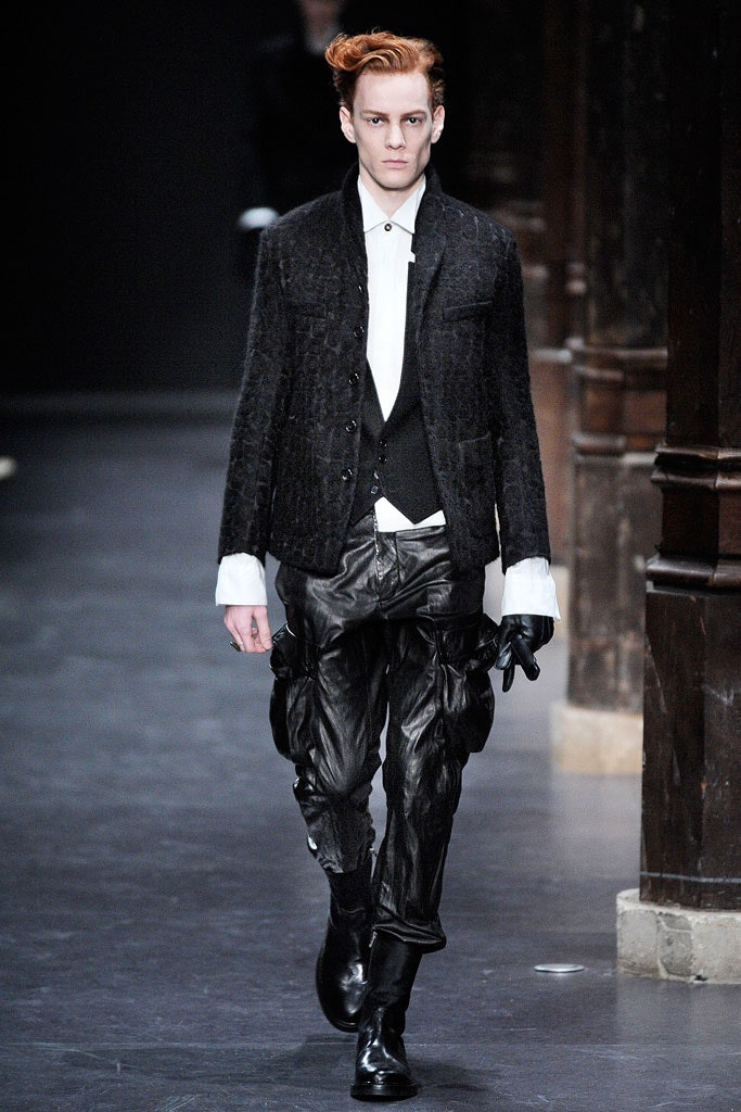 black tailored jacket with leather pants