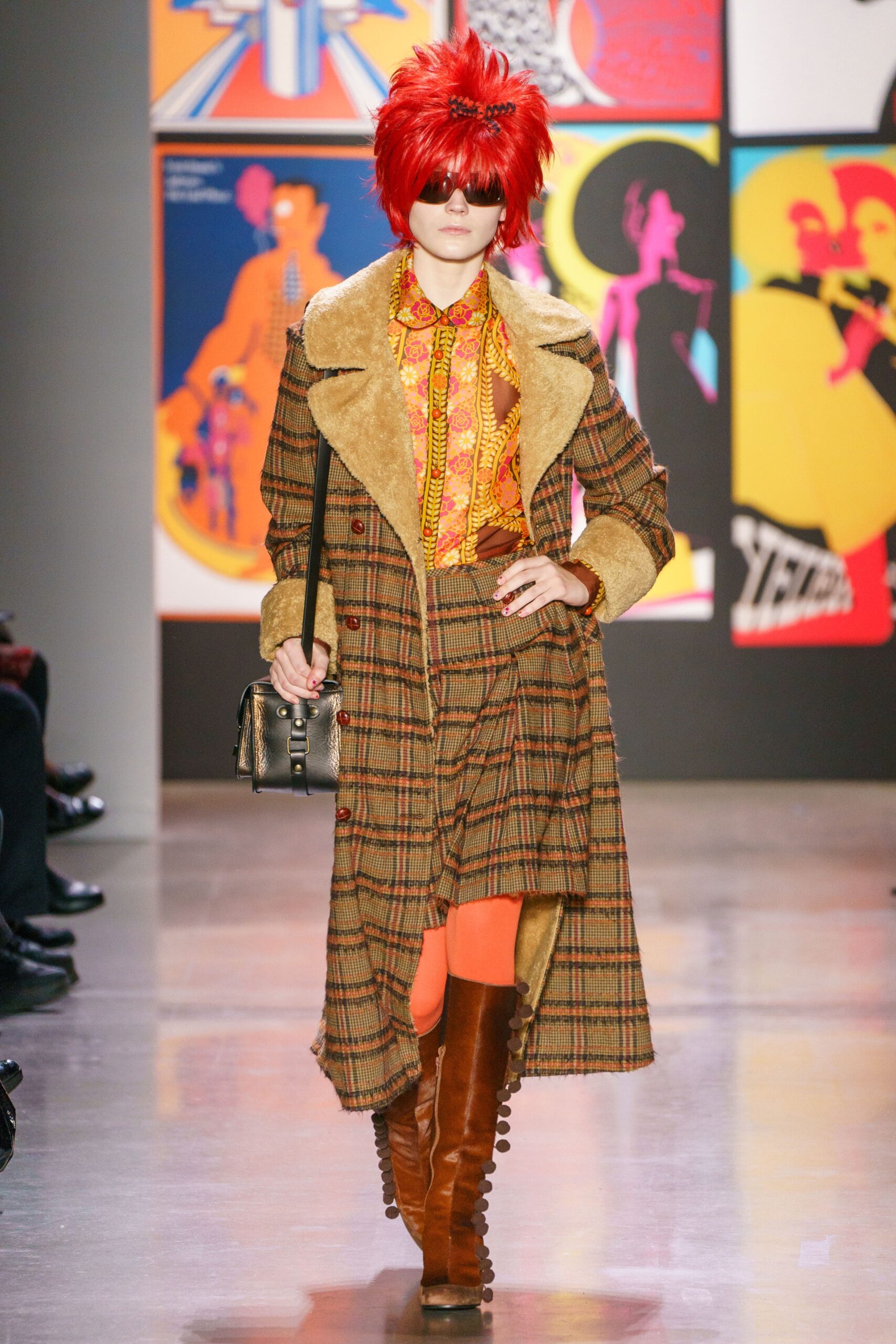 brown wool coat with printed shirt