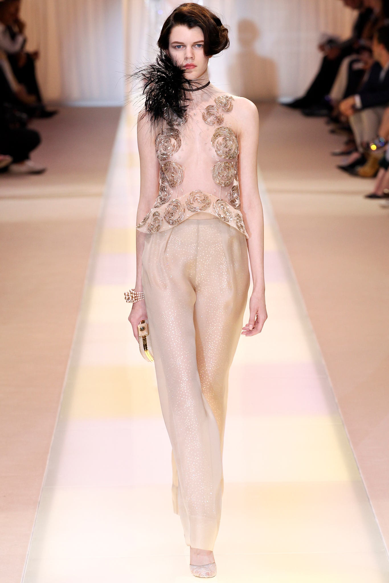 beige silk fitted straight-leg shiny pants