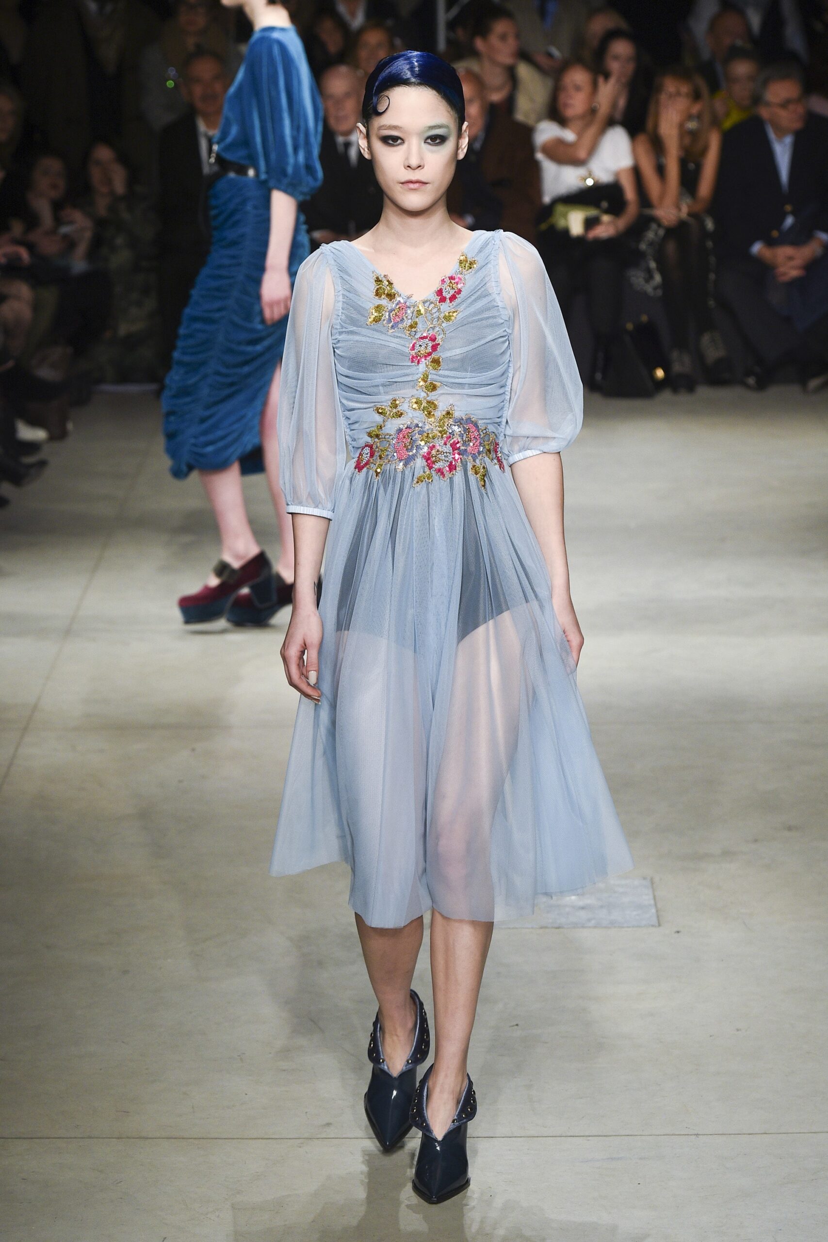 blue chiffon embroidered midi dress