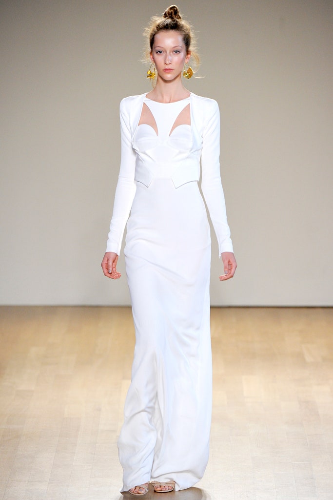 fitted white silk gown