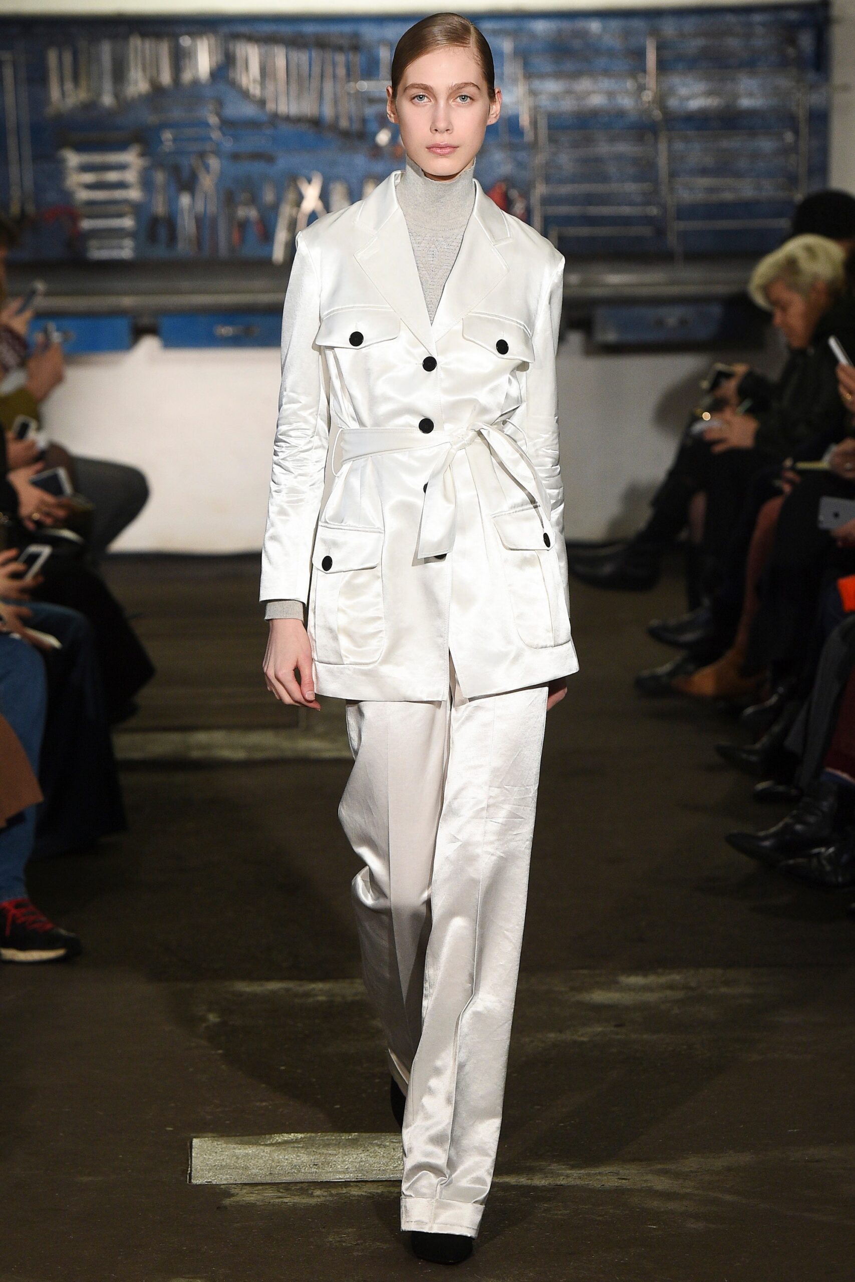 white satin tailored blazer and pants