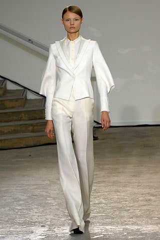 white silk structured blazer and tailored pants