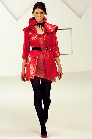 red vinyl belted coat and pink tulle dress