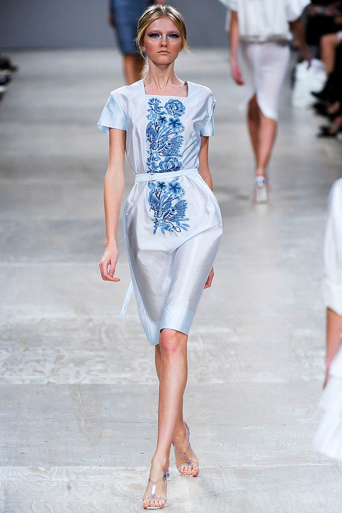 blue and white embroidered midi dress