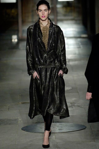 black leather long-sleeve collared fitted belted draped coat