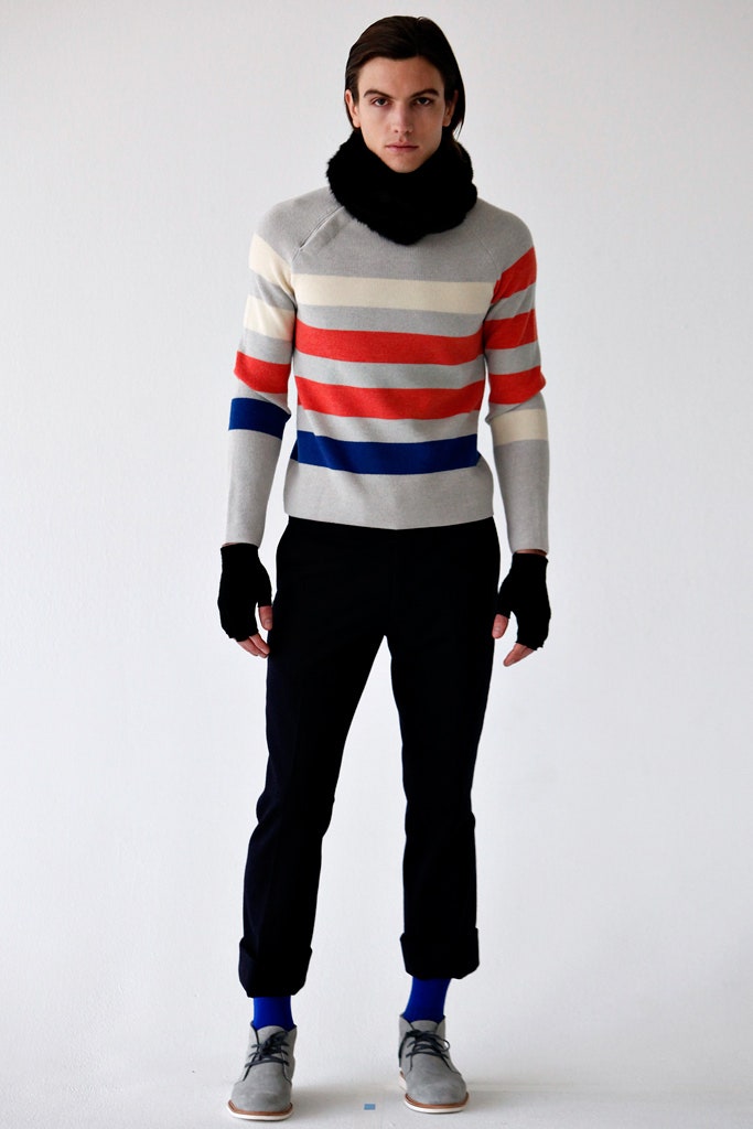 striped fitted sweater with tailored pants