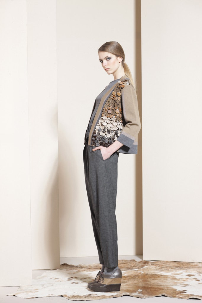 brown and gray layered jacket with tailored pants