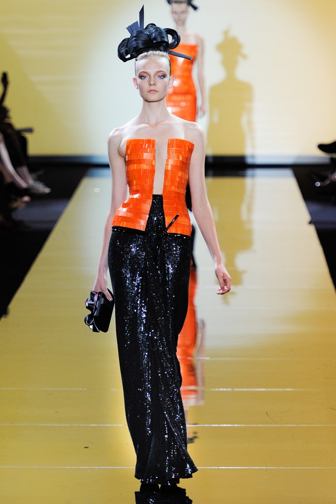 orange silk strapless v-neck fitted pleated top