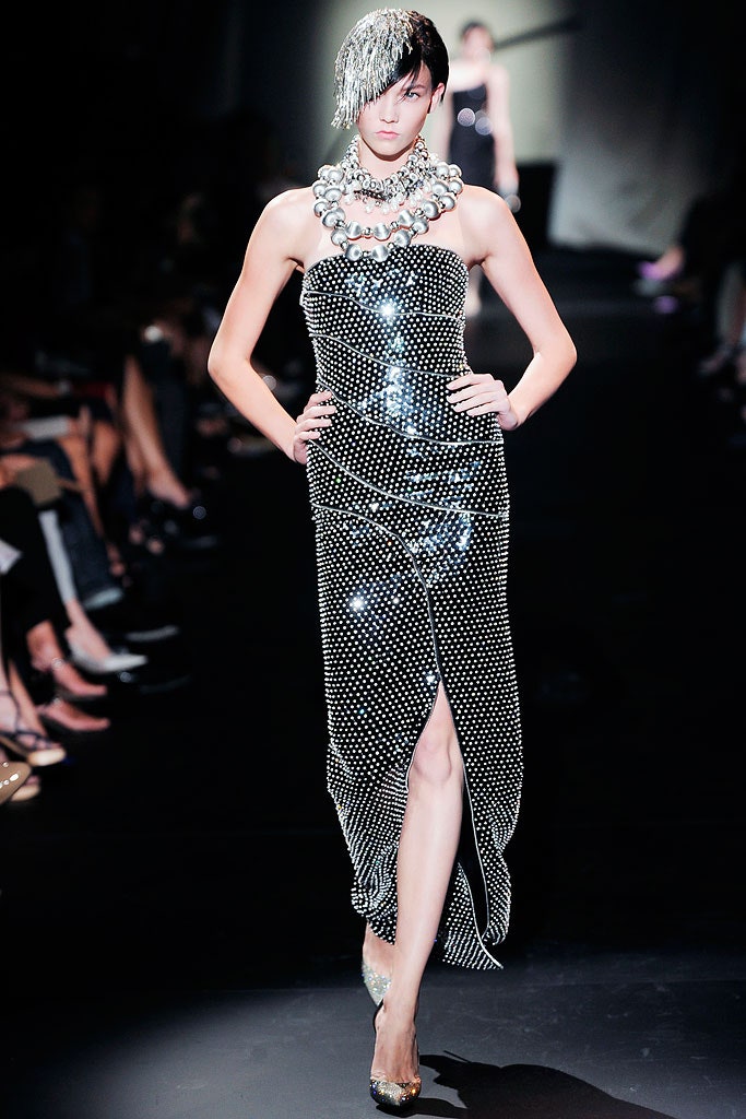 silver sequined strapless gown