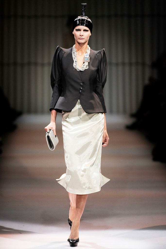black silk blazer and white pencil skirt