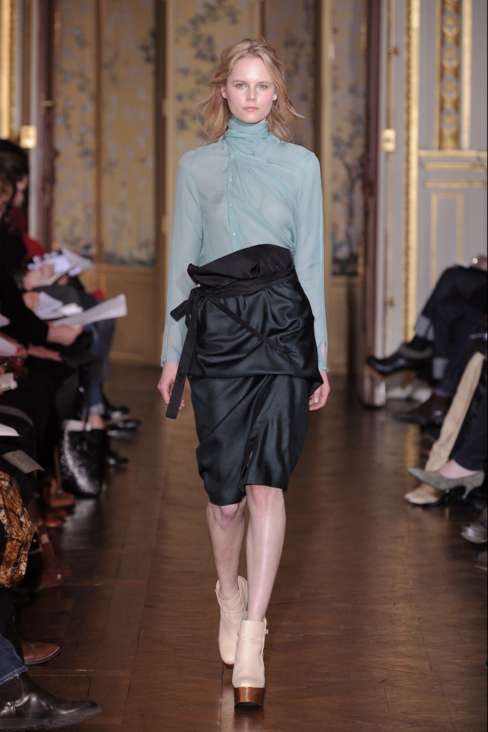 blue silk blouse black pencil skirt