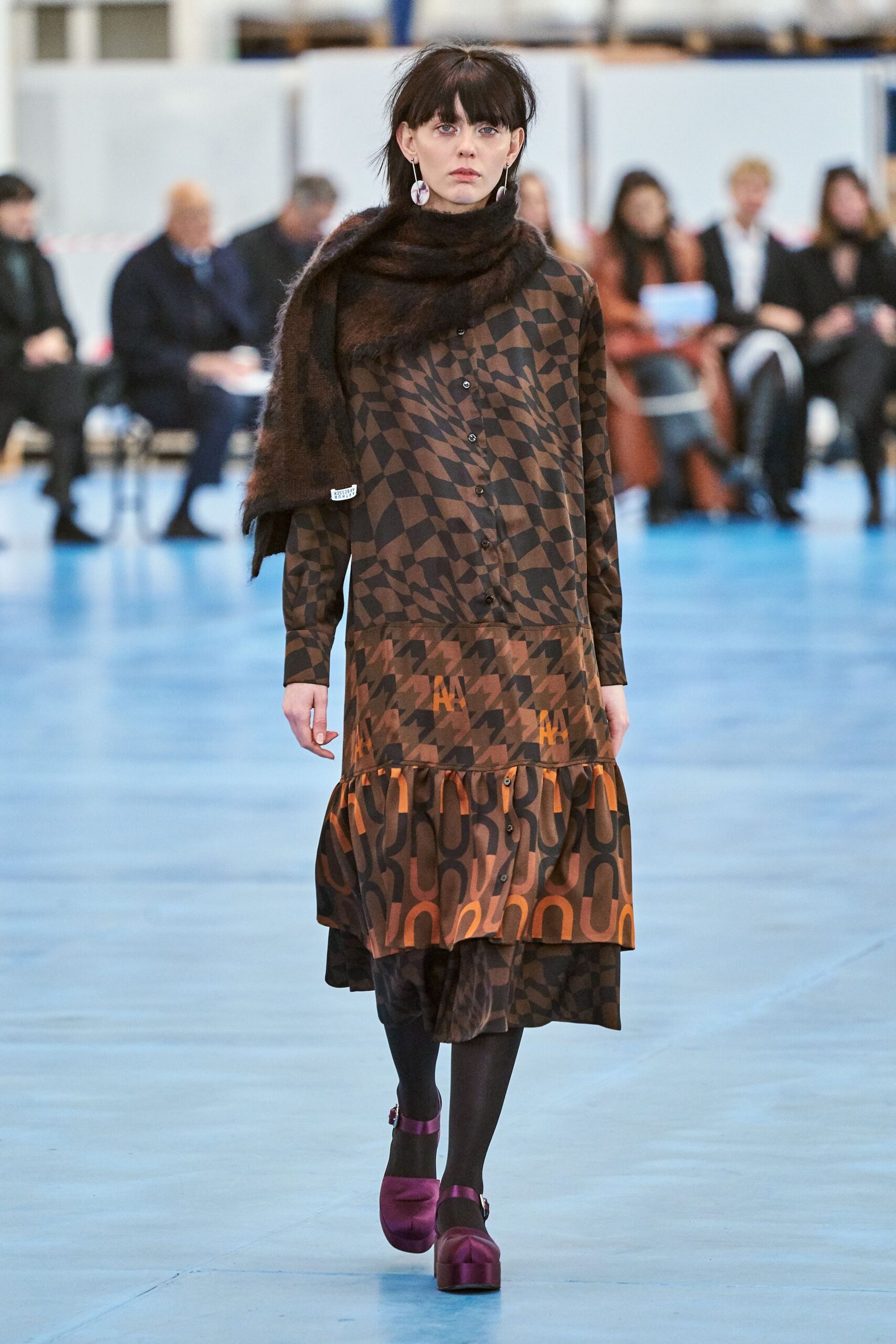 brown and orange printed midi dress with scarf