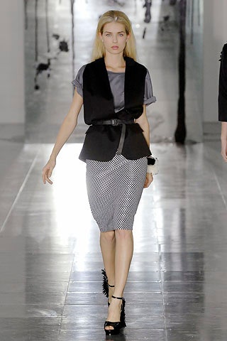 black vest gray top pencil skirt