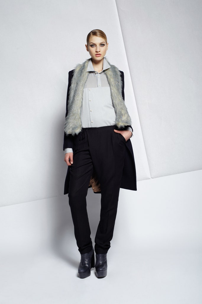 gray silk long-sleeve collared fitted pleated blouse