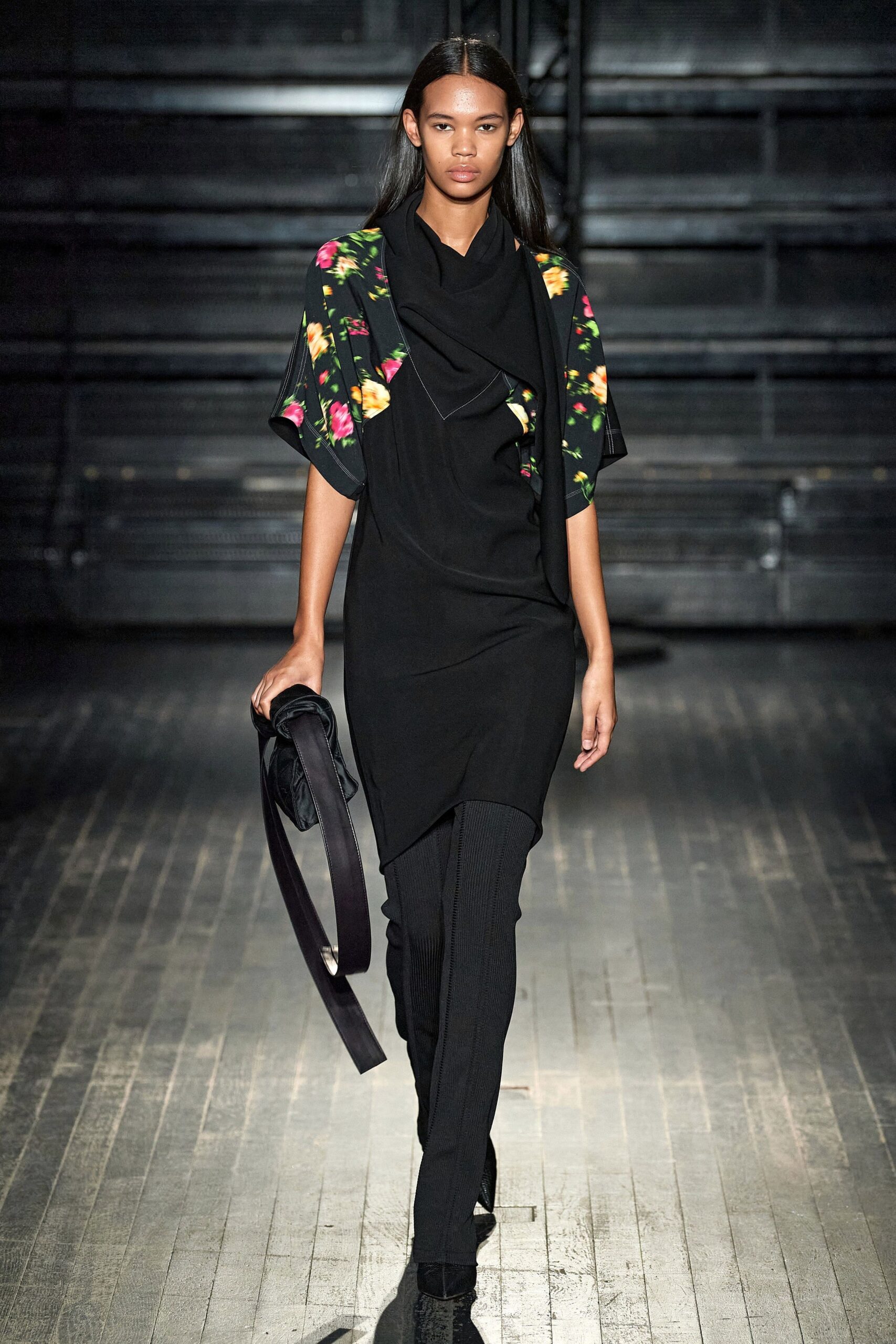 black fitted midi dress with floral top