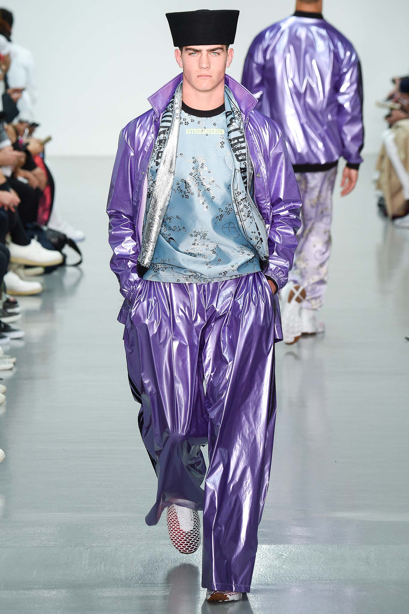 purple vinyl long-sleeve collared relaxed zippered shiny jacket