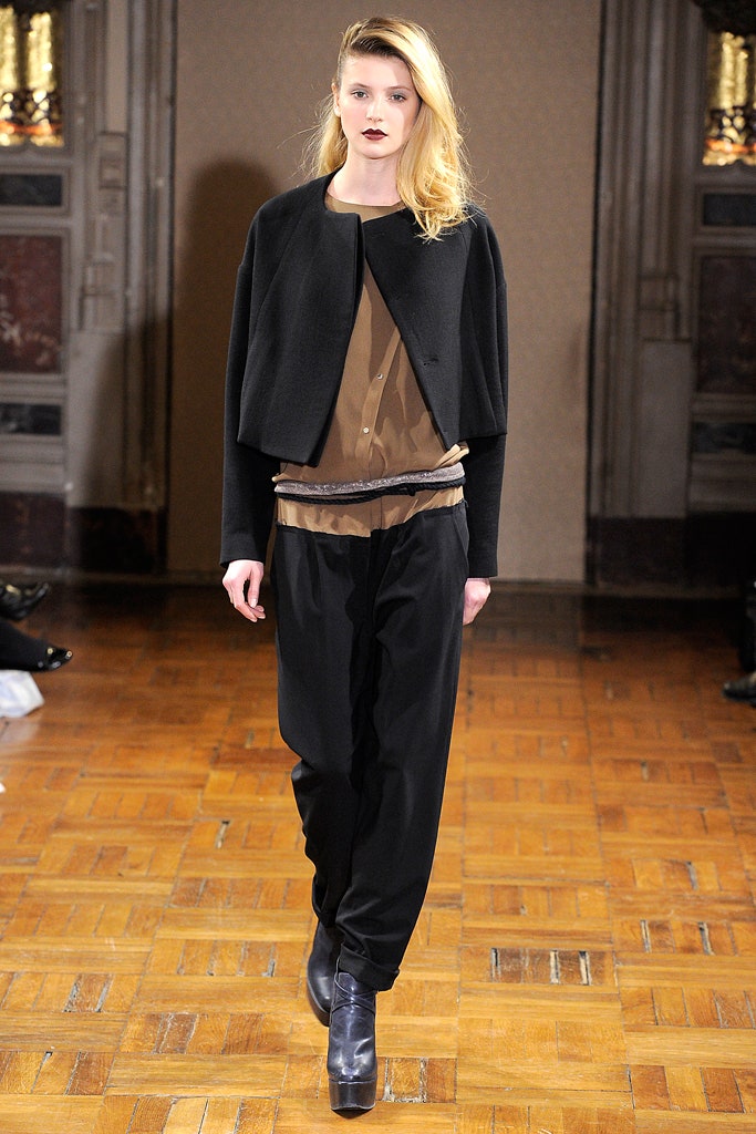 black wool jacket with brown silk top