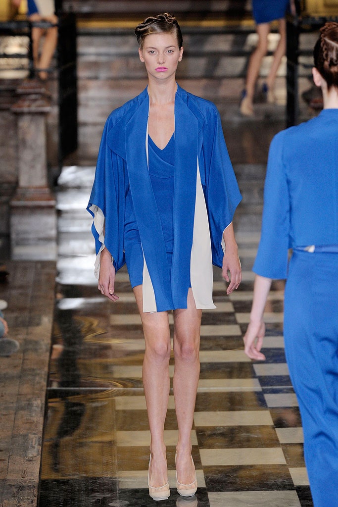 blue silk mini dress with cape