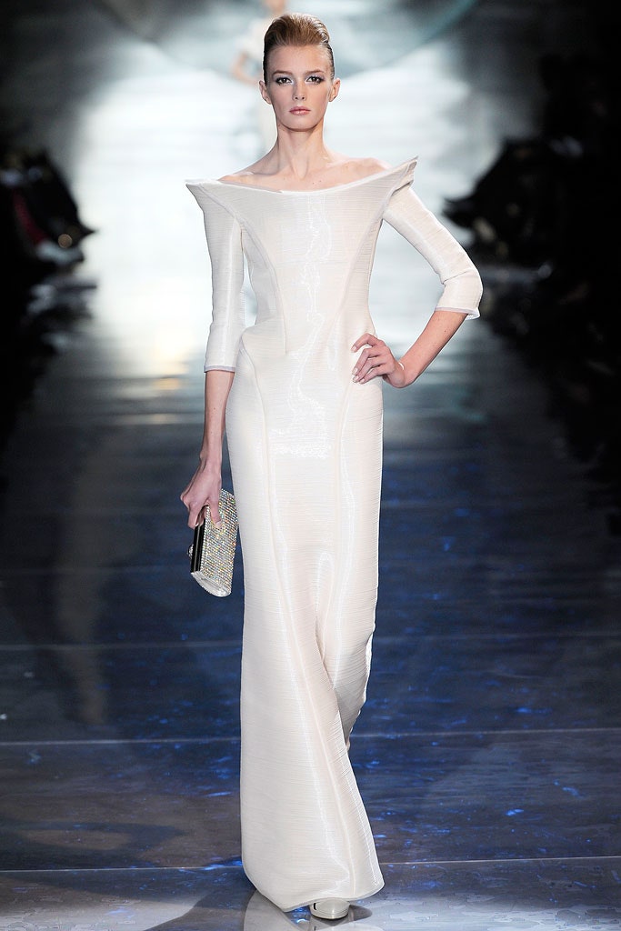 white silk off-shoulder gown