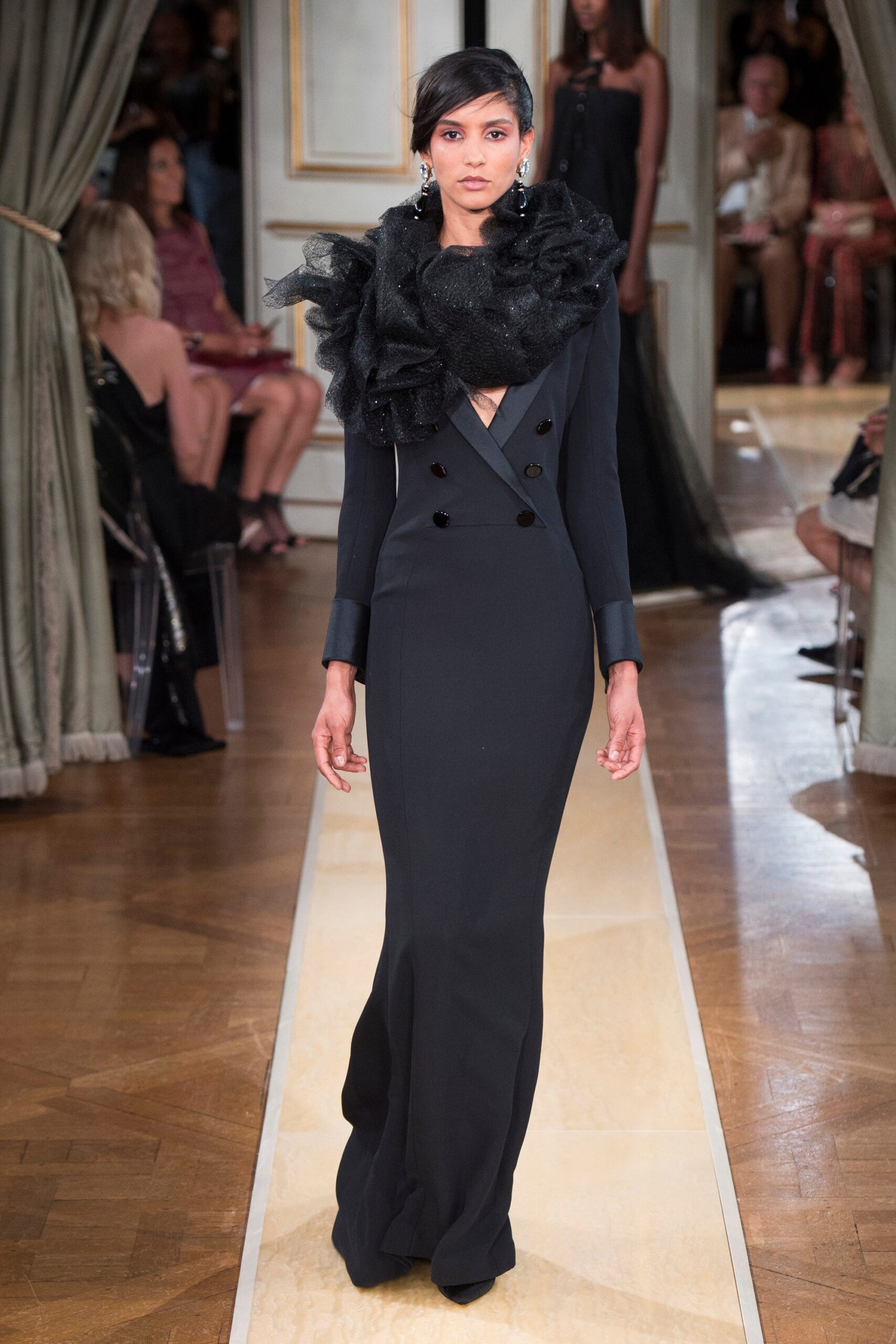 black silk fitted gown with scarf