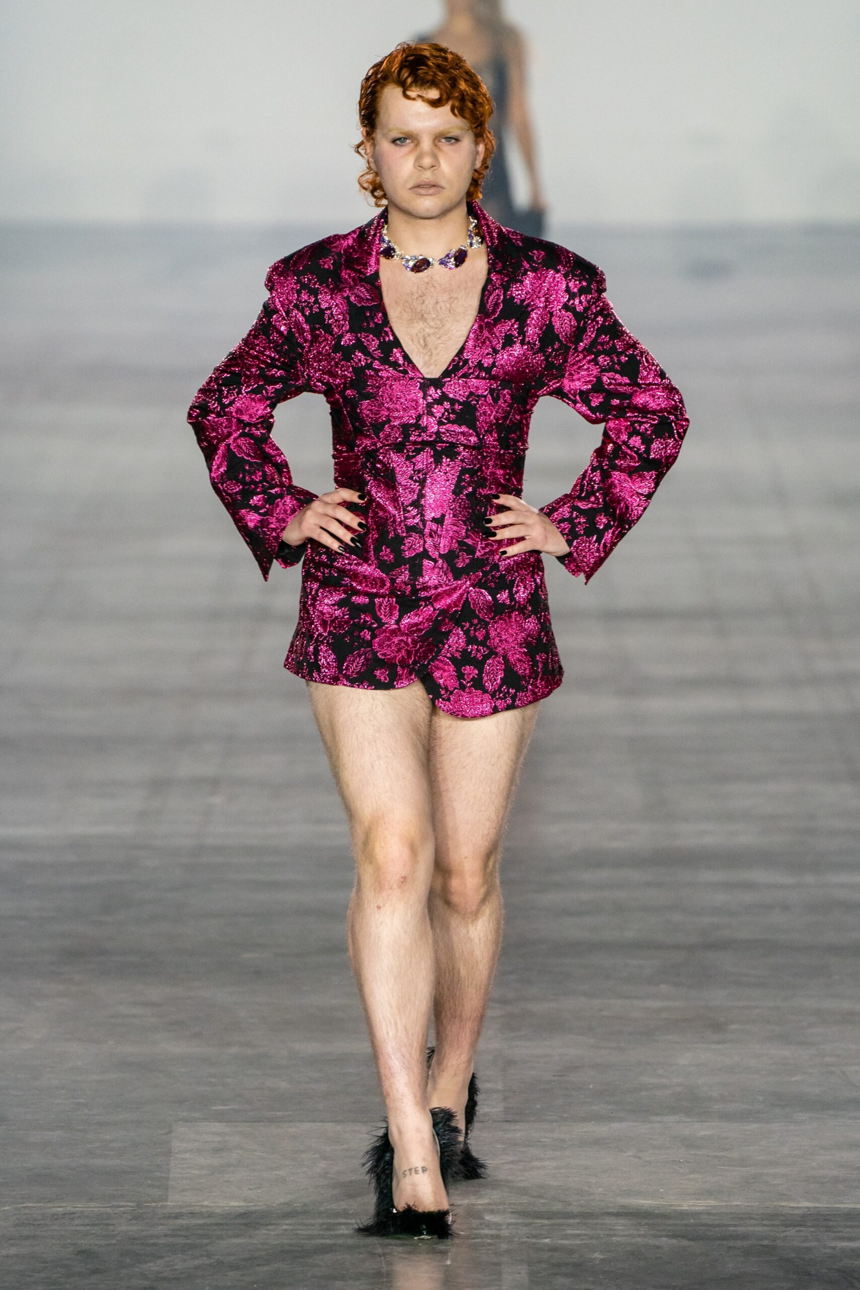 pink silk long-sleeve v-neck fitted embroidered blazer