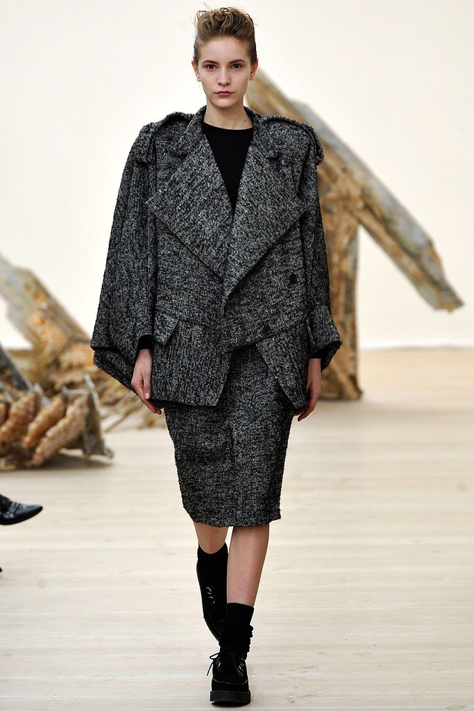 oversized gray wool coat and pencil skirt