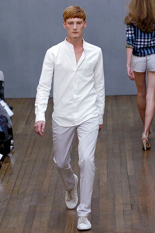 white fitted shirt beige pants
