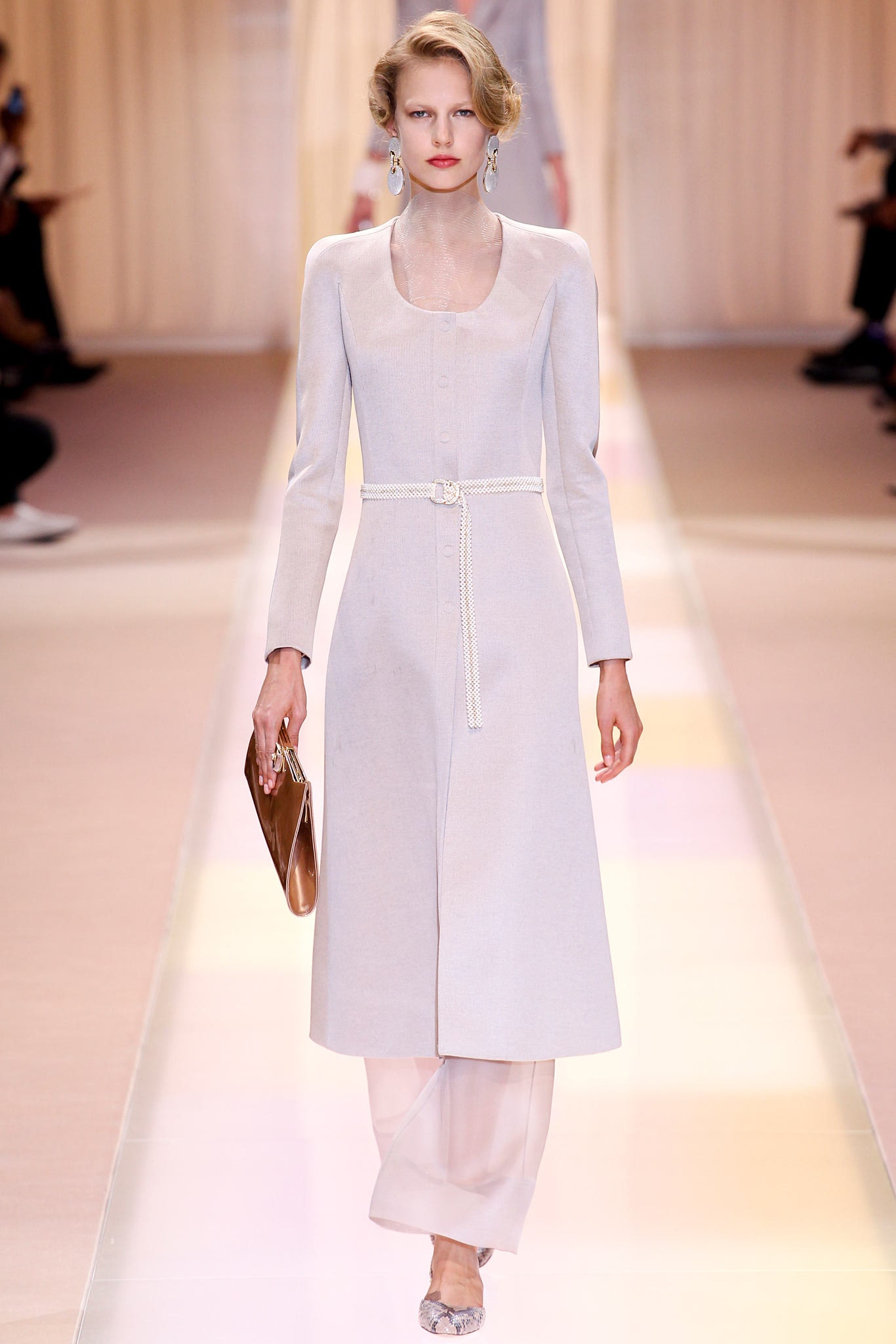 beige silk long-sleeve collared fitted straight-leg belted dress