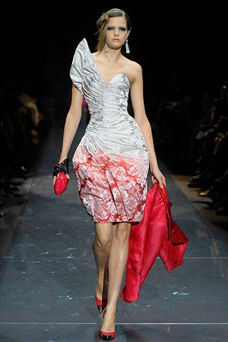 gray and red ruched dress with coat