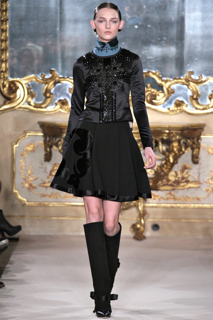 black silk fitted top and mini skirt