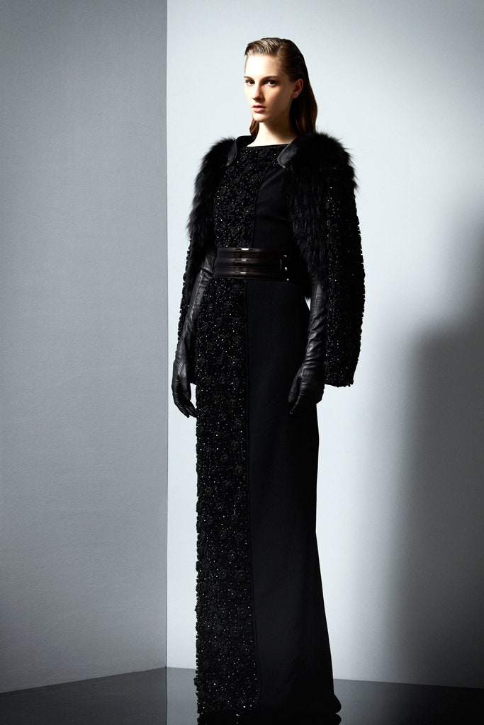 black beaded gown with fur
