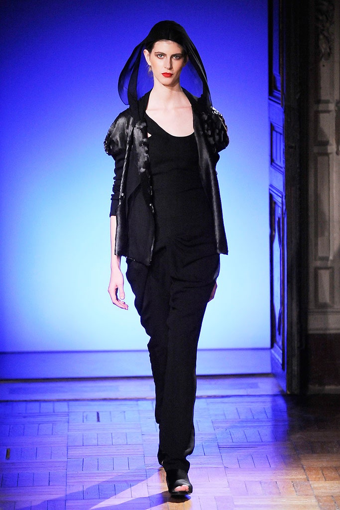 black silk fitted jacket and relaxed pants