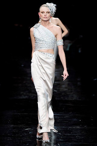 fitted white silk top and skirt