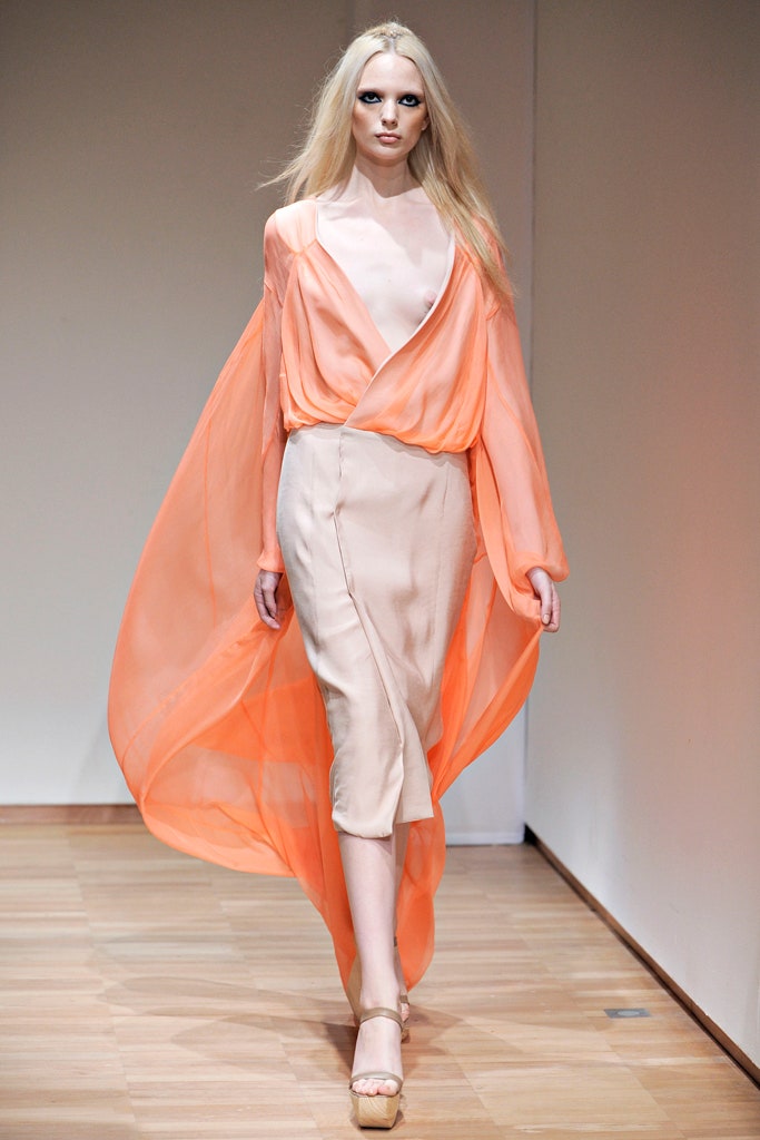 peach silk draped midi dress