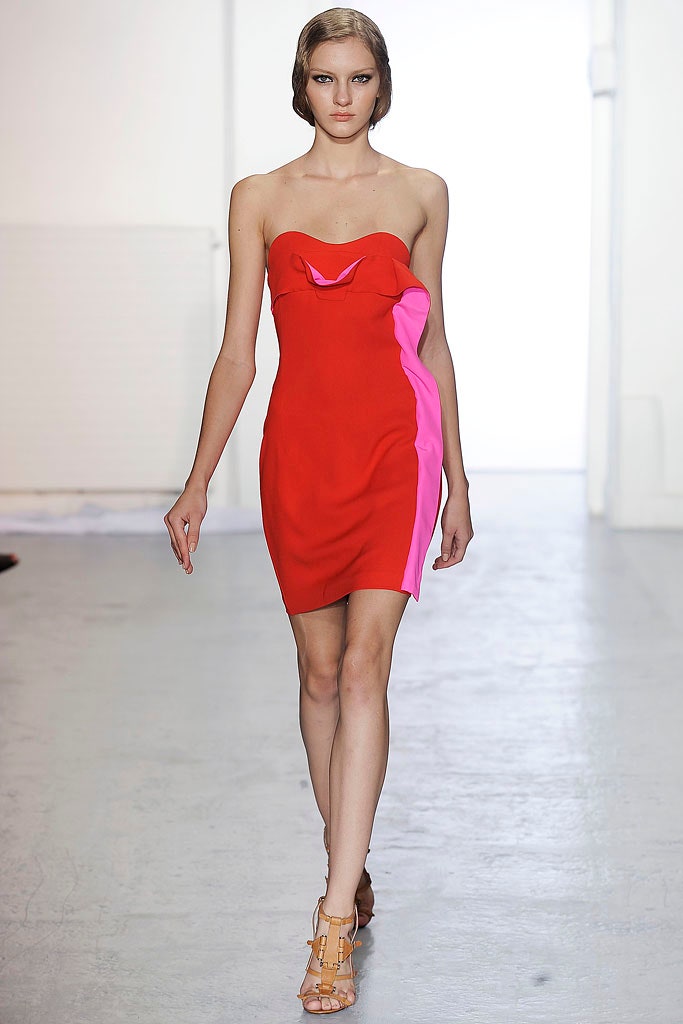 fitted strapless red and pink dress