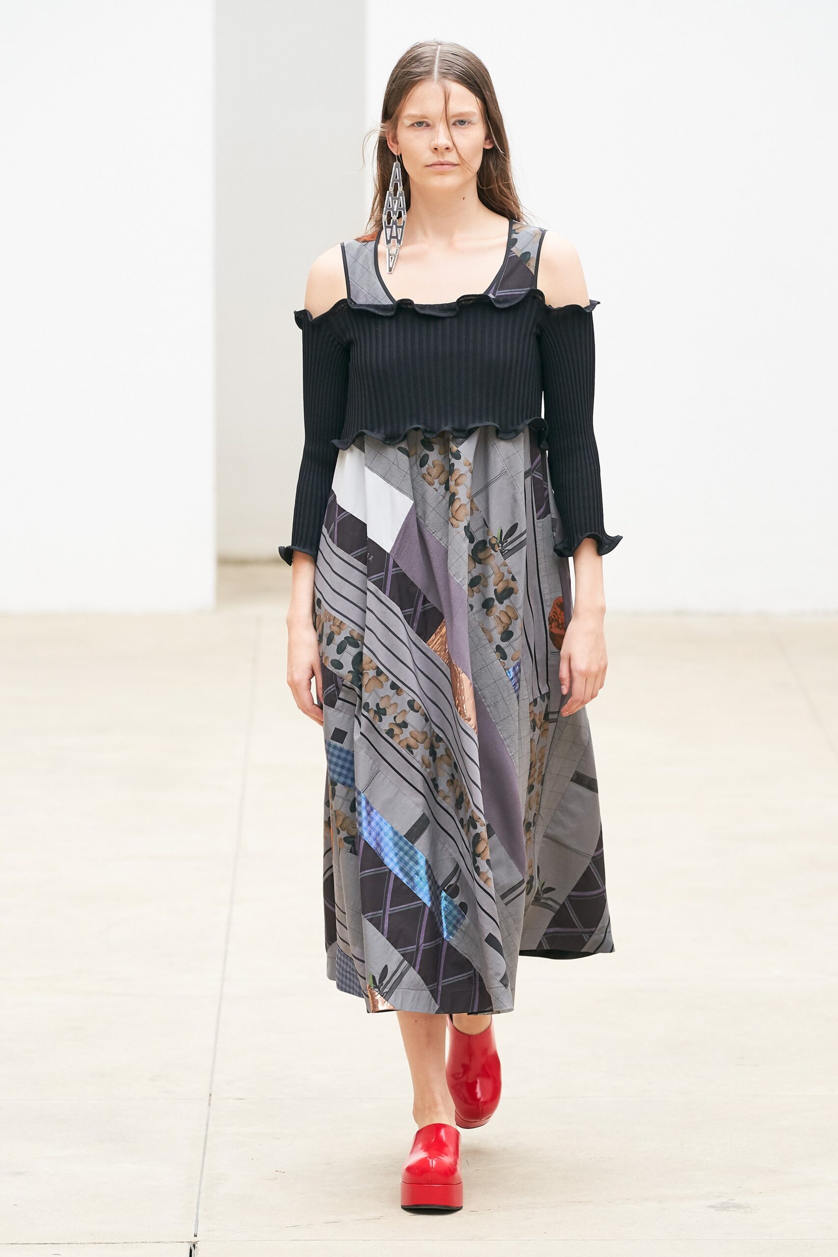 black off-shoulder top with gray midi dress