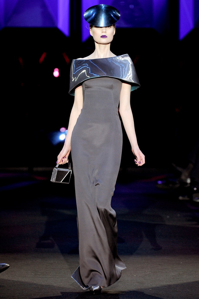 gray silk sleeveless high-neck fitted structured maxi gown