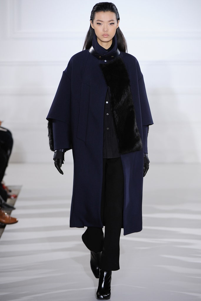 blue wool long-sleeve collared relaxed layered coat