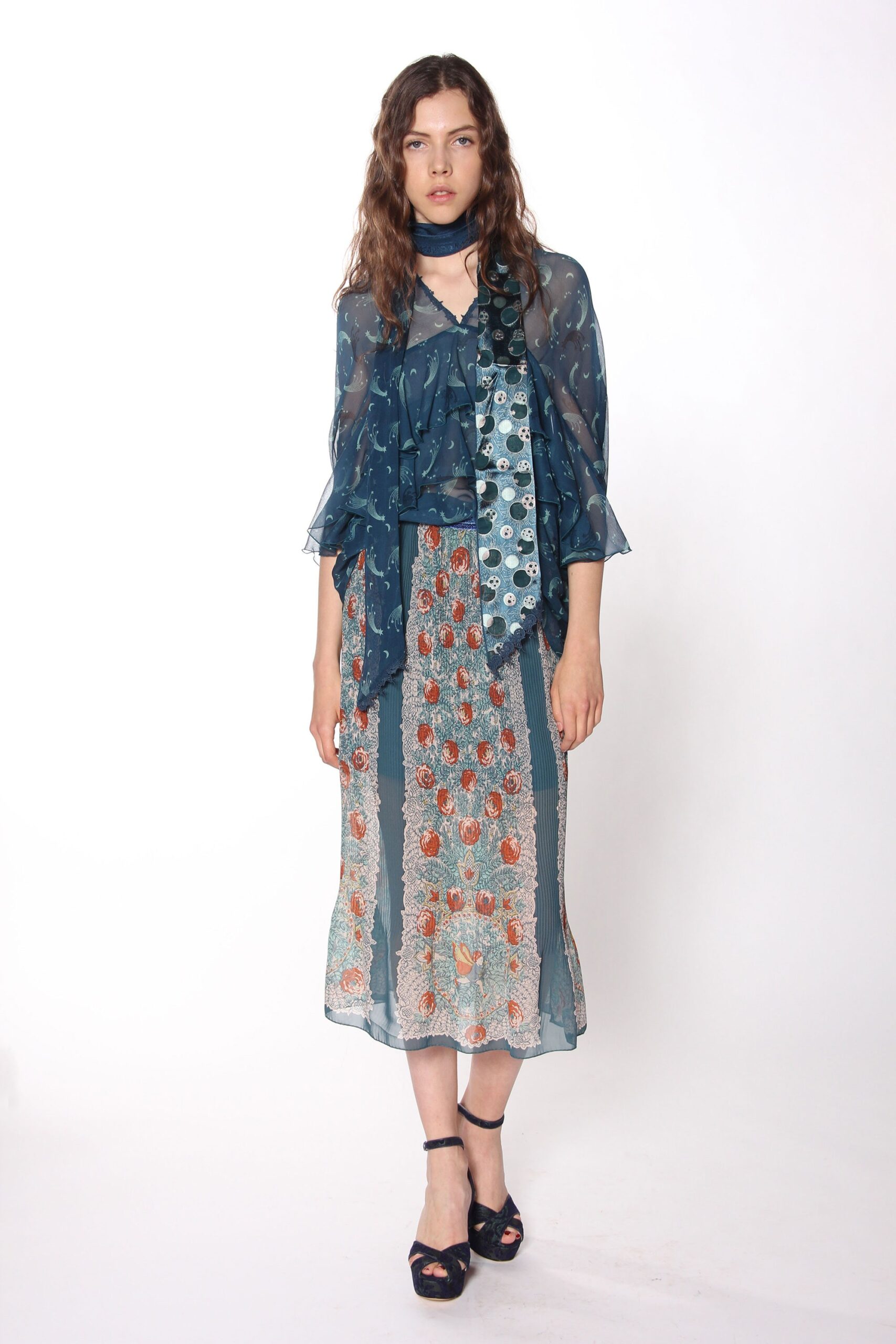 multi chiffon fitted embroidered tiered flowing midi skirt