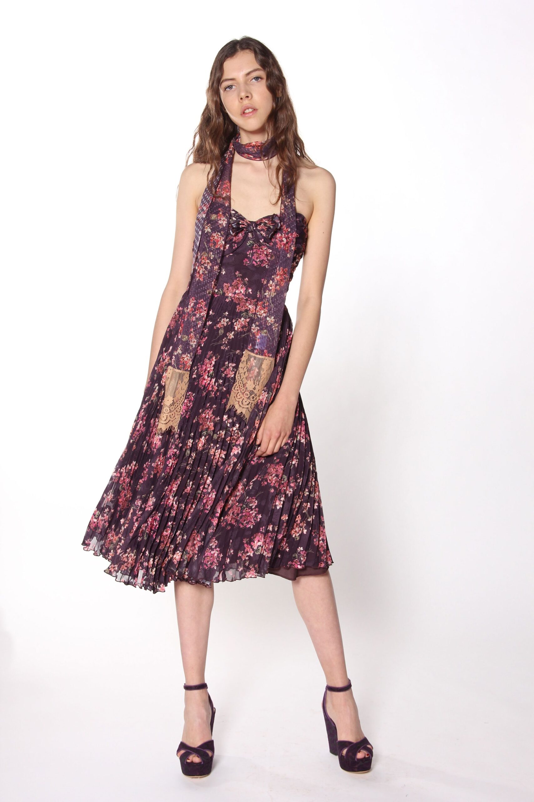 purple floral midi dress with scarf