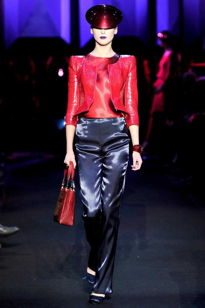 fitted red leather jacket and black pants