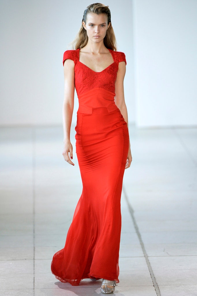 fitted red silk gown