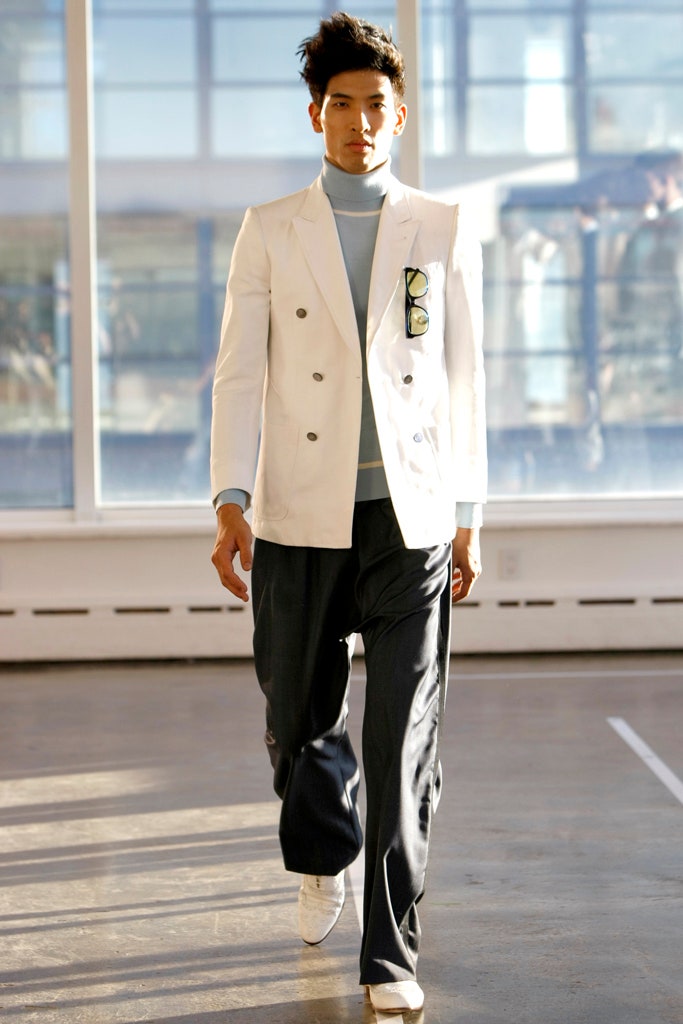white blazer with blue turtleneck