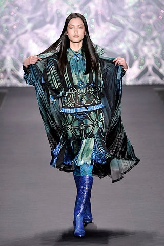 blue silk long-sleeve collared fitted flared printed dress